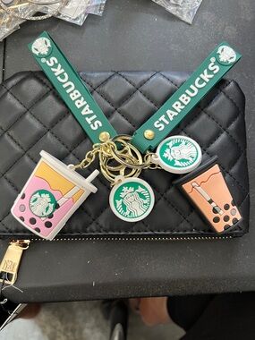 Starbucks Keychain Set with Green Straps and Pink & Peach Bubble Teas